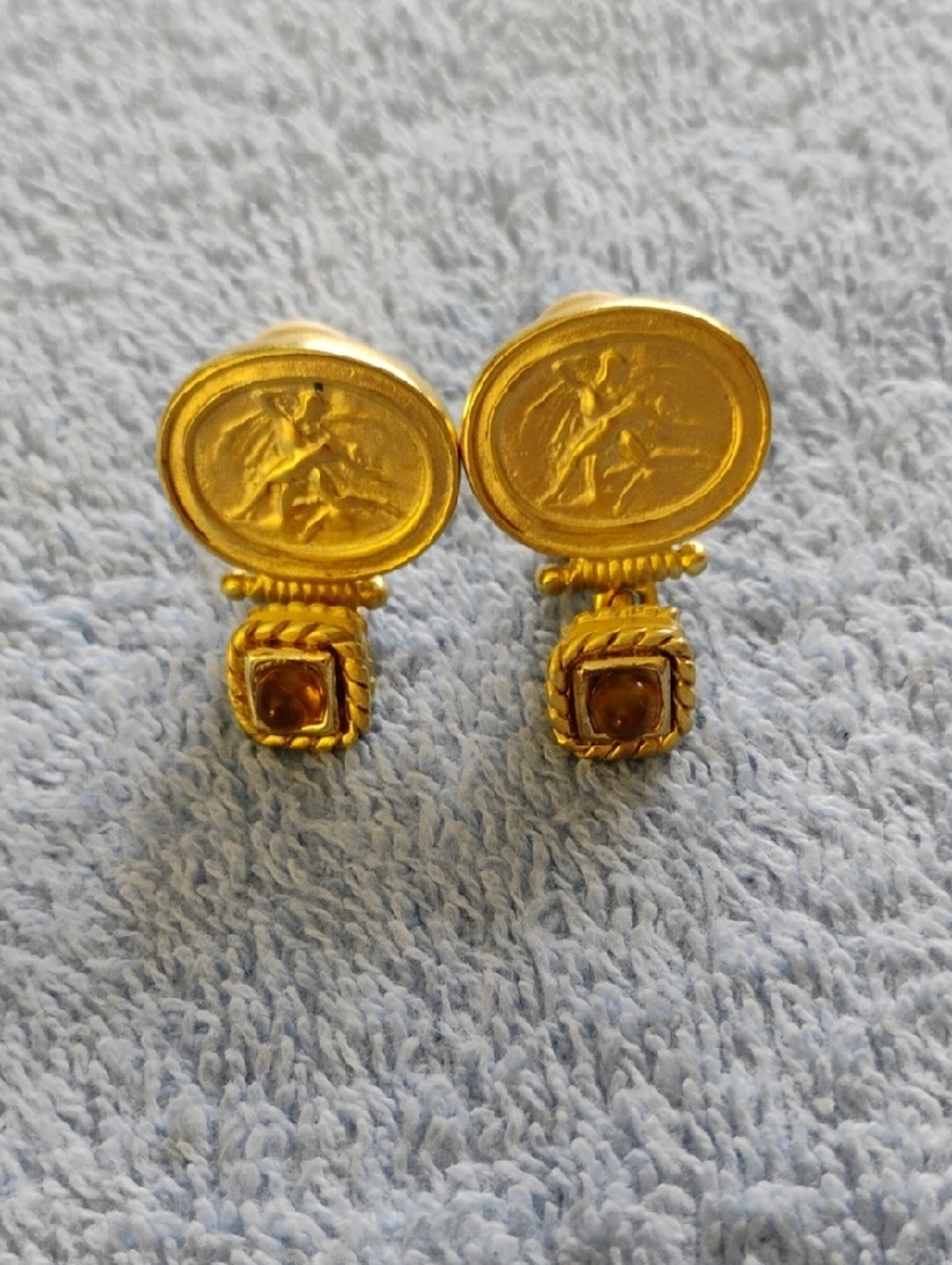 Gold-Tone Oval Medallion Drop Earrings with Amber Accent